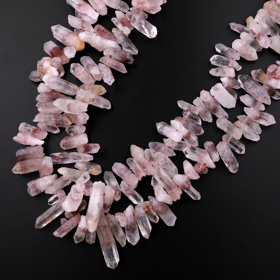 Rare Natural Red Lepidocrocite Quartz Beads Raw Freeform Top Side Drilled Crystal Spike Nuggets in Natural Shape 15.5" Strand