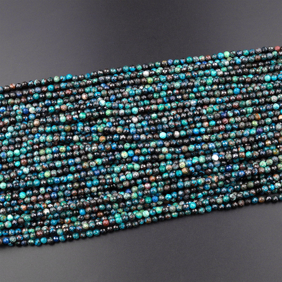 Natural Chrysocolla Azurite 3mm 4mm Faceted Round Beads Laser Diamond Cut Blue Gemstone 15.5" Strand