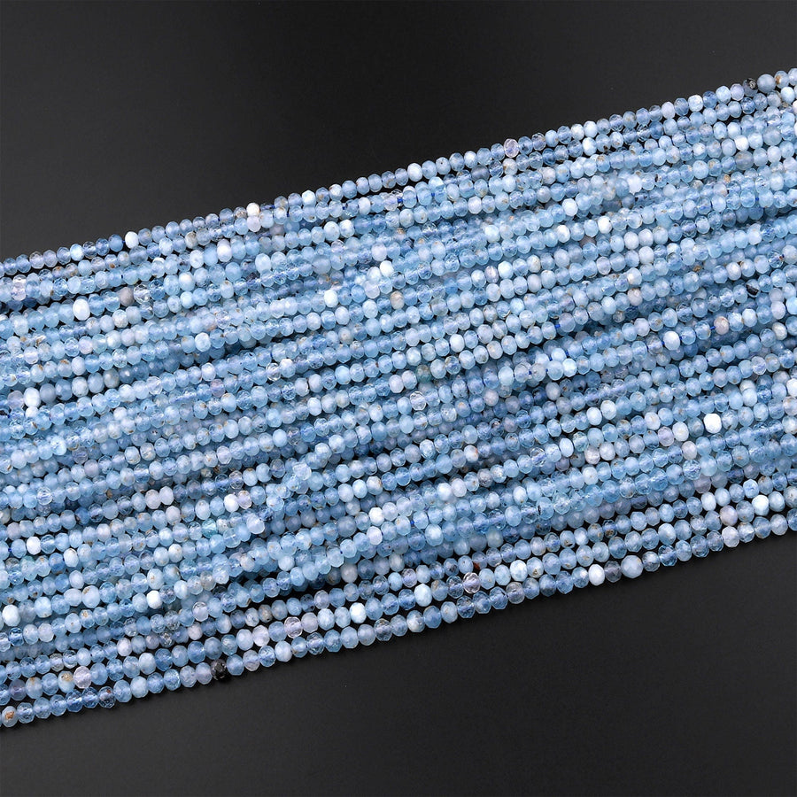 Faceted Natural Blue Aquamarine 4mm Rondelle Beads Micro Laser Diamond Cut Real Genuine Gemstone 15.5" Strand
