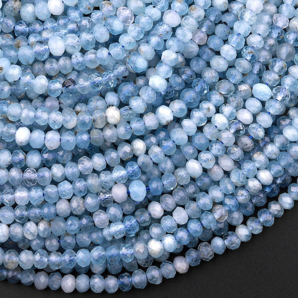 Faceted Natural Blue Aquamarine 4mm Rondelle Beads Micro Laser Diamond Cut Real Genuine Gemstone 15.5" Strand