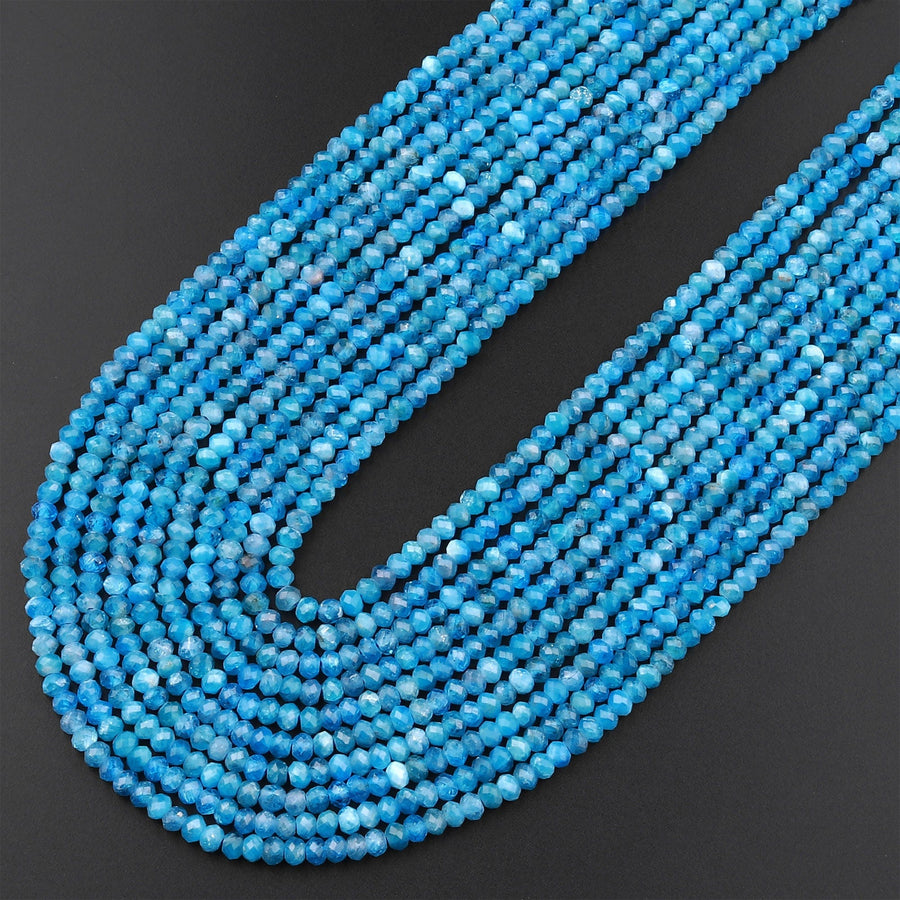 AAA Faceted Natural Blue Apatite 3mm Rondelle Beads Micro Cut Gemstone 15.5" Strand