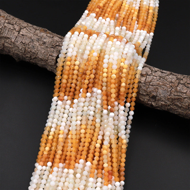 Micro Faceted Multicolor Mixed Gemstone Round Beads 4mm Gradient Yellow Creamy White Shades 15.5" Strand