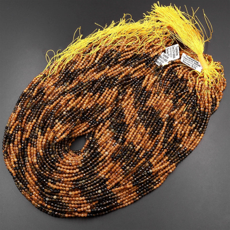 Natural Yellow Brown Tourmaline Faceted 3mm Round Beads Multicolor Gradient Micro Diamond Cut Gemstone 15.5" Strand