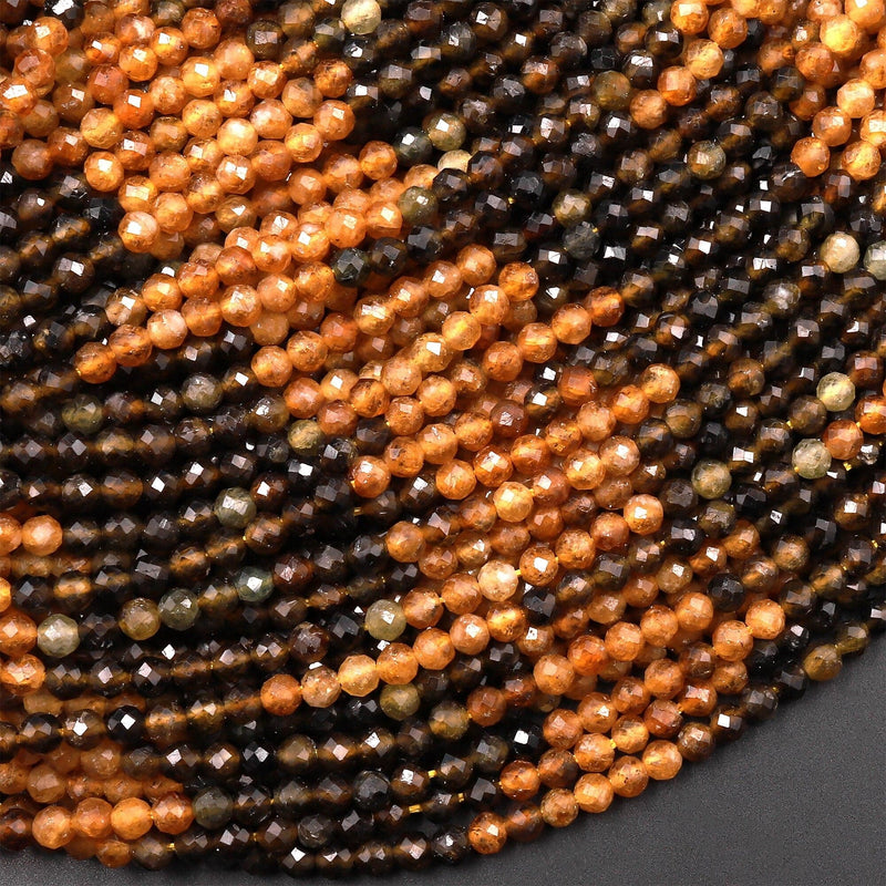 Natural Yellow Brown Tourmaline Faceted 3mm Round Beads Multicolor Gradient Micro Diamond Cut Gemstone 15.5" Strand