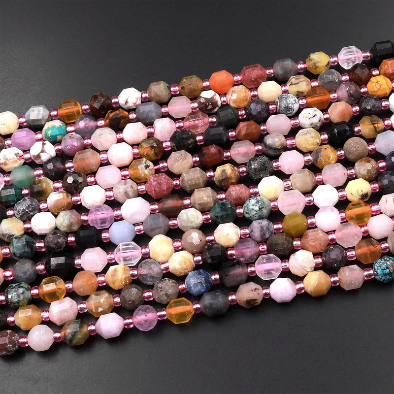 Mixed Multicolor Natural Gemstone Quartz Opal Faceted Prism Cut 6mm Round Beads Double Terminated Points 15.5" Strand