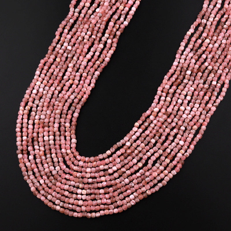 Natural Pink Rhodochrosite Faceted 2mm 3mm Cube Square Dice Beads Gemstone 15.5" Strand