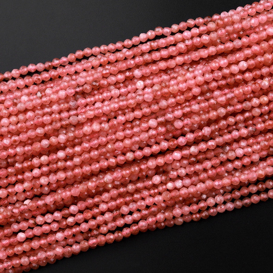 AAA Natural Rhodochrosite 2mm 3mm Faceted Round Beads Micro Laser Diamond Cut Genuine Red Pink Gemstone 15.5" Strand
