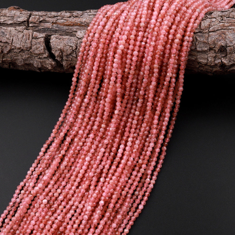 AAA Natural Rhodochrosite 2mm 3mm Faceted Round Beads Micro Laser Diamond Cut Genuine Red Pink Gemstone 15.5" Strand