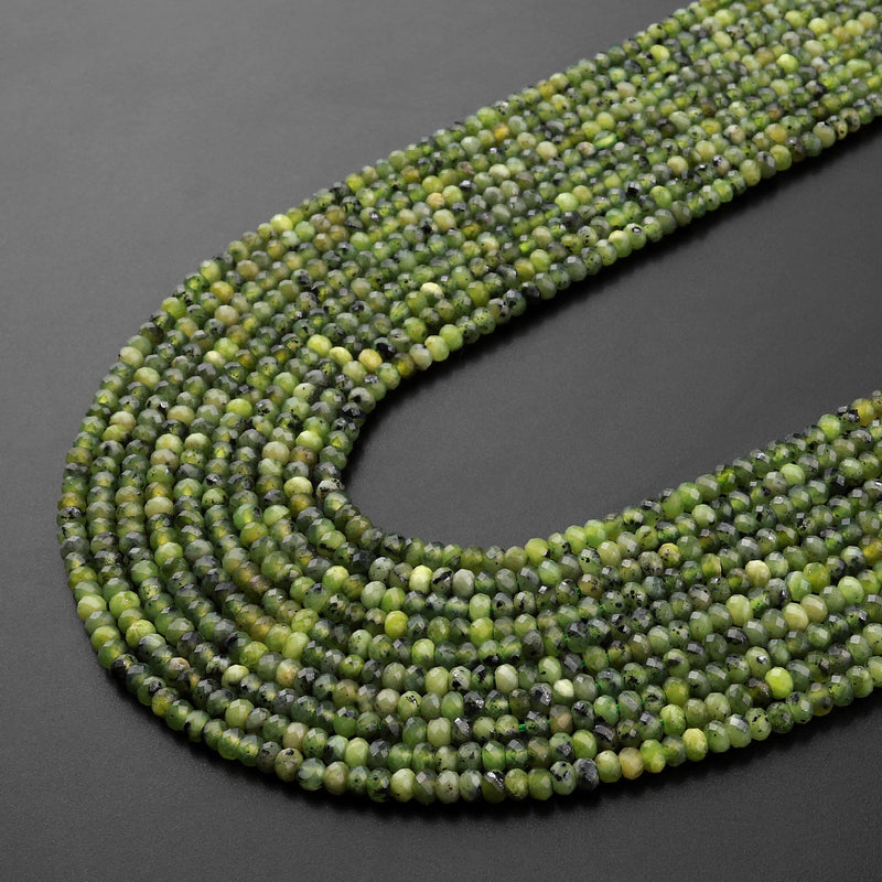 Faceted Canadian Jade 3mm Rondelle Beads Micro Cut Natural Green Jade Gemstone 15.5" Strand