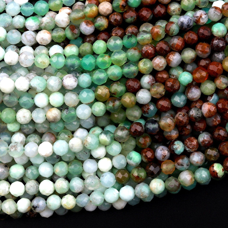 Micro Faceted Natural Brown Green Chrysoprase Faceted Round 4mm Beads Multicolor Gemstone 15.5" Strand