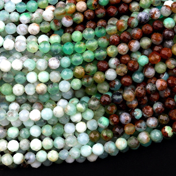 Micro Faceted Natural Brown Green Chrysoprase Faceted Round 4mm Beads Multicolor Gemstone 15.5" Strand