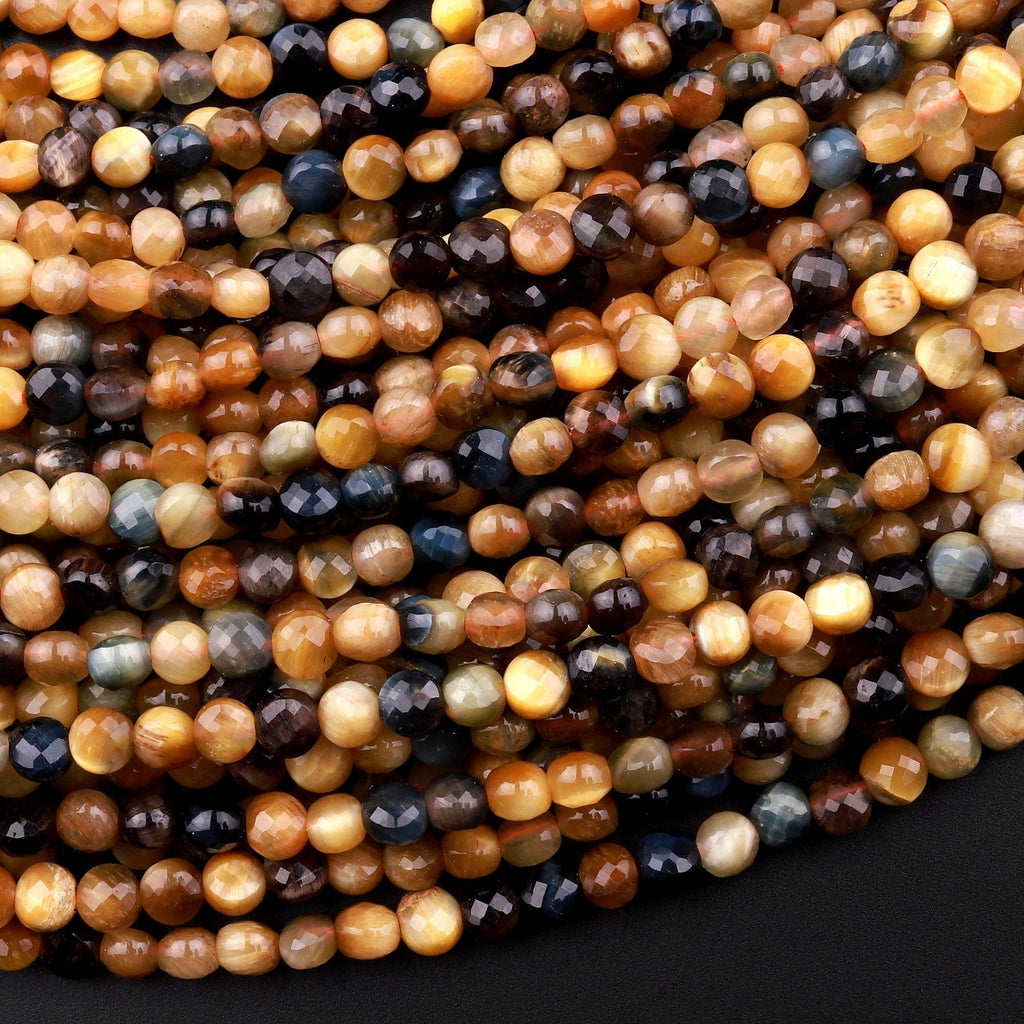 Micro Faceted Natural Blue Blonde Tiger's Eye 4mm Coin Beads Flat Disc Gemstone 15.5" Strand