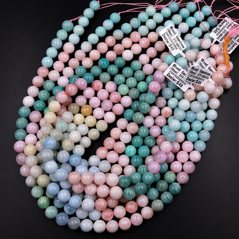 Mixed Gemstone Aquamarine Morganite Kunzite Peruvian Amazonite 10mm Round Beads 15.5" Strand