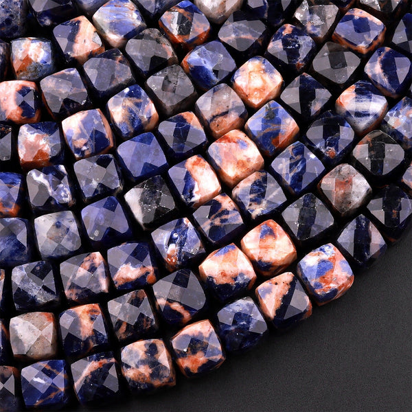 Faceted Natural Brazilian Orange Sodalite 6mm 8mm Cube Beads 15.5" Strand