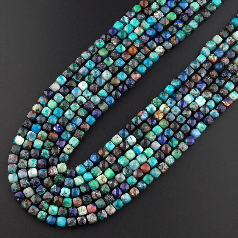 Natural Chrysocolla Azurite Faceted 4mm 5mm Cube Dice Square Beads Micro Faceted Laser Diamond Cut 15.5" Strand