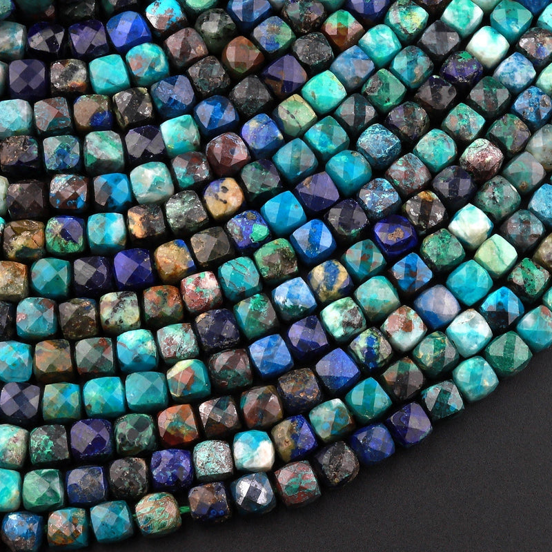 Natural Chrysocolla Azurite Faceted 4mm 5mm Cube Dice Square Beads Micro Faceted Laser Diamond Cut 15.5" Strand