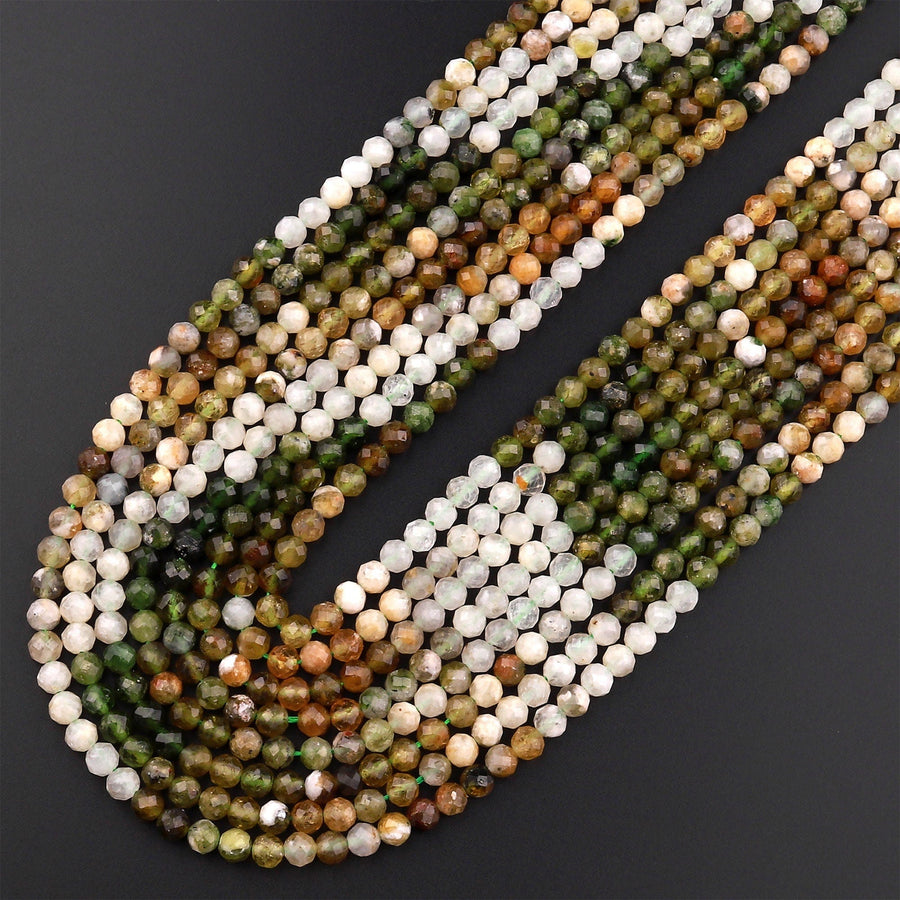 Natural Green Brown Tourmaline Faceted 4mm Round Beads Multicolor Gradient Micro Diamond Cut Gemstone 15.5" Strand