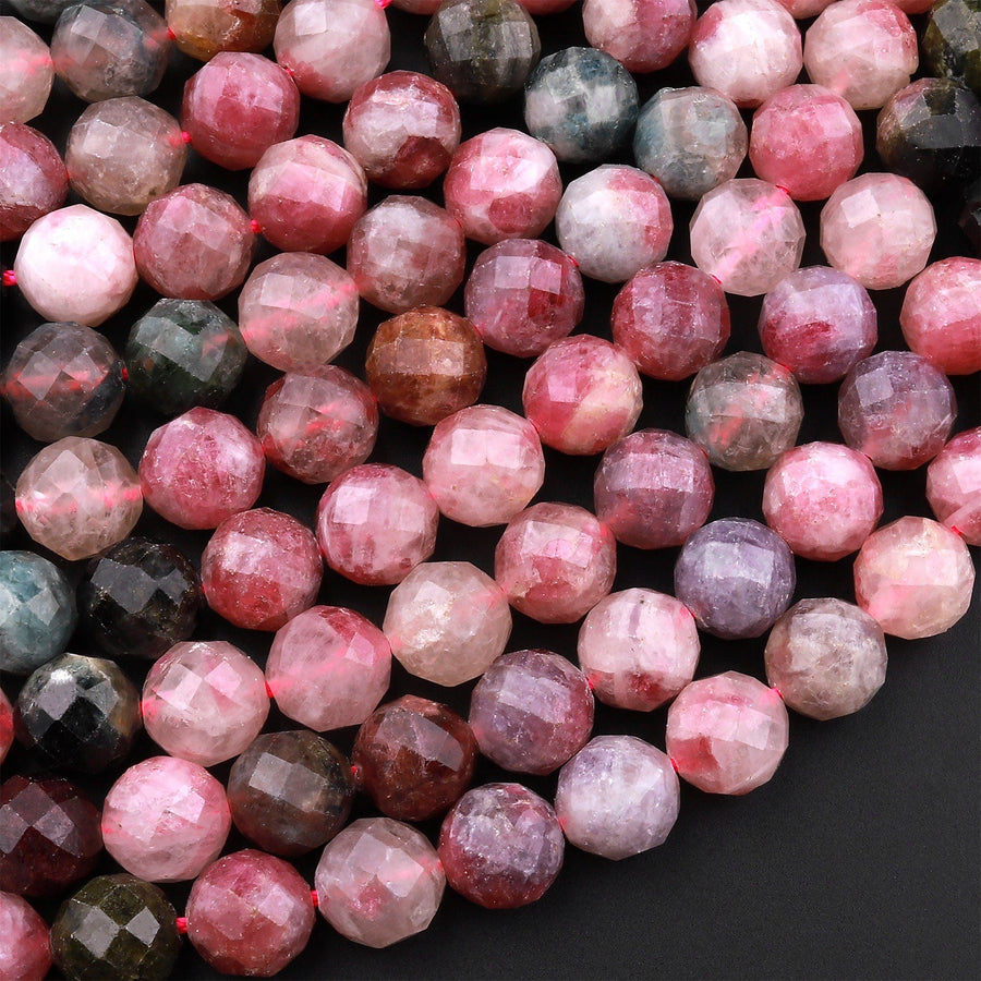 Faceted Natural Pink Tourmaline Round Beads 8mm Real Genuine Gemstone 15.5" Strand