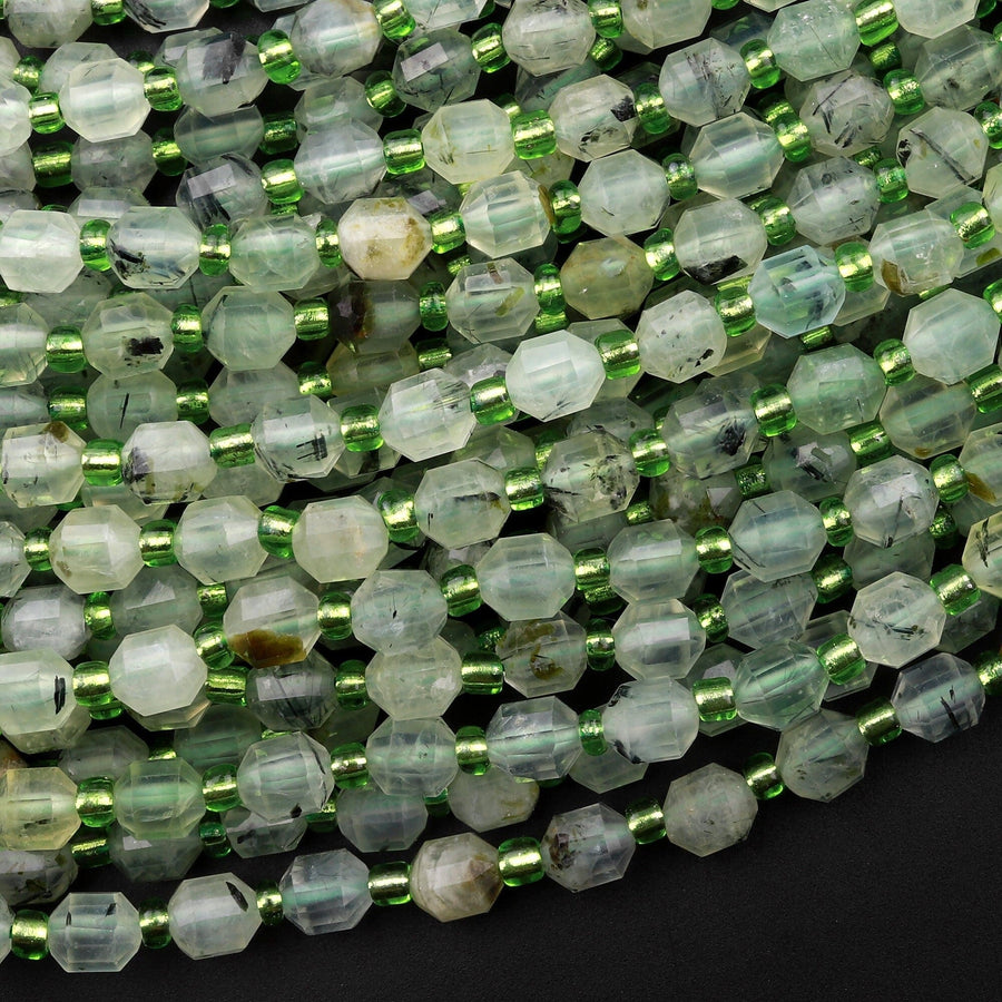 AAA Natural Prehnite 6mm Beads Faceted Energy Prism Double Terminated Point Cut 15.5" Strand
