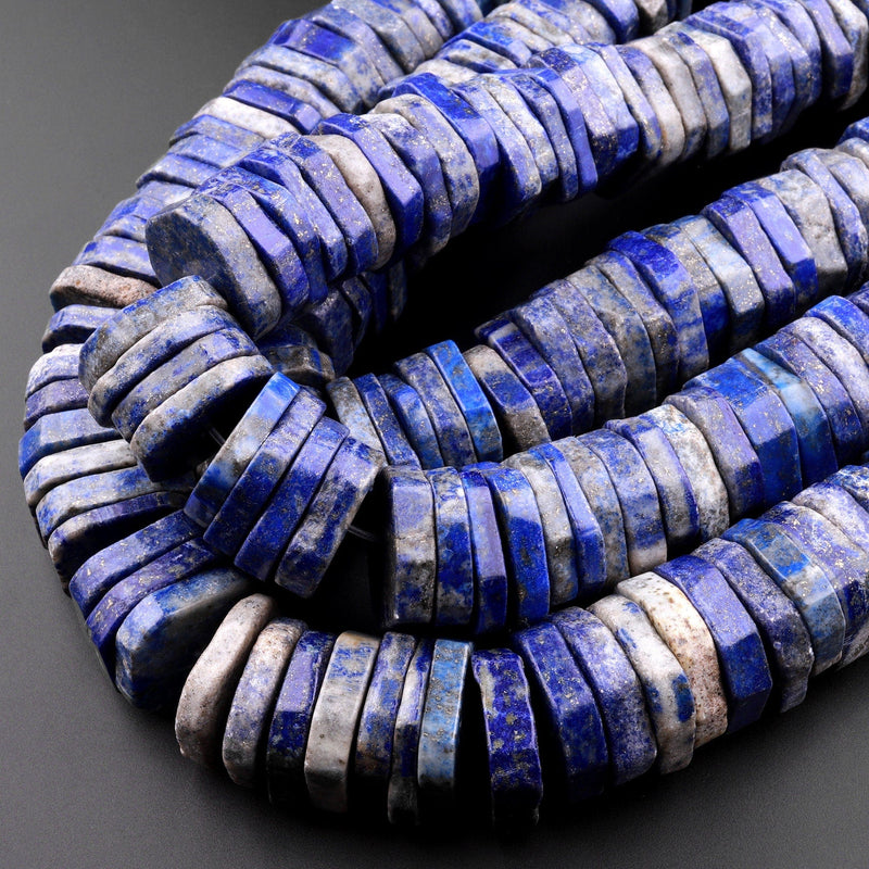 Huge Phenomenal Faceted Natural Blue Lapis Beads Center Drilled Rondelle Heishi Disc 15.5" Strand