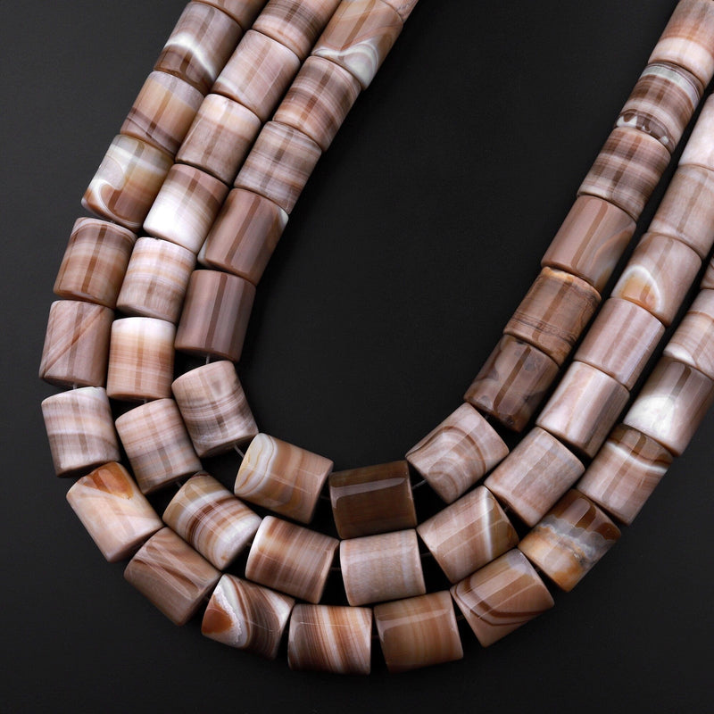 Large Natural Tibetan Agate Beads Highly Polished Smooth Cylinder Tube Amazing Creamy Brown Veins Bands Stripes 15.5" Strand