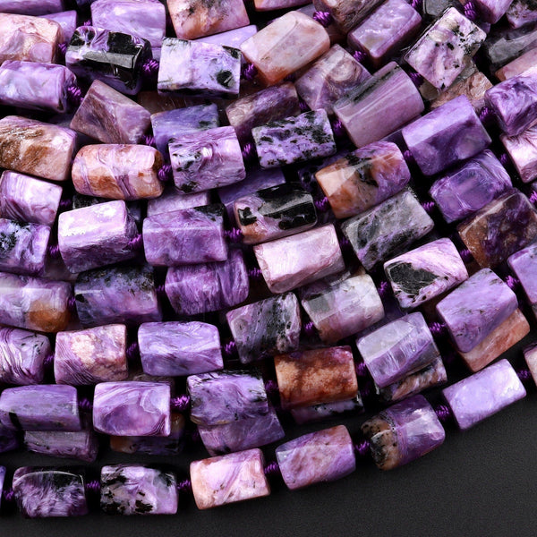 Natural Charoite Tube Beads Purple Russian W/ Orange Garnet Matrix Gemstone 15.5" Strand