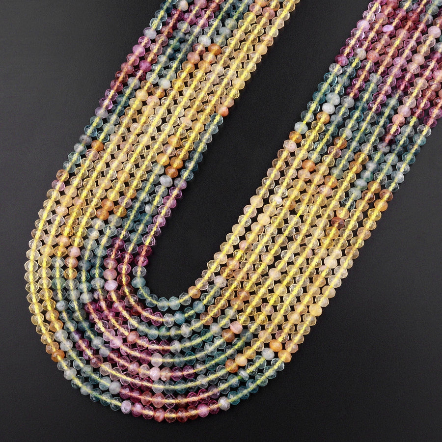 AAA Natural Multicolor Fluorite Faceted 4mm Rondelle Beads Micro Laser Cut Yellow Pink Green Gemstone Bead 15.5" Strand