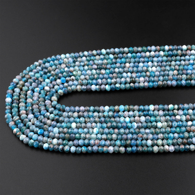 Faceted Natural Teal Blue Apatite 3mm Rondelle Beads Micro Cut Gemstone 15.5" Strand
