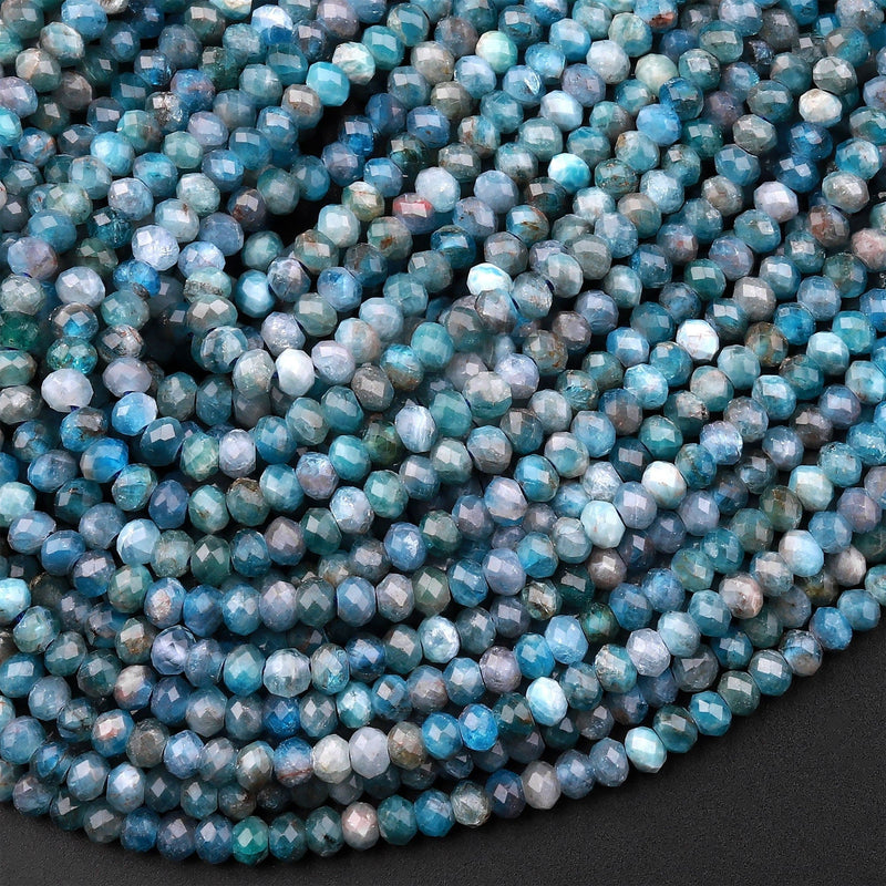 Faceted Natural Teal Blue Apatite 3mm Rondelle Beads Micro Cut Gemstone 15.5" Strand