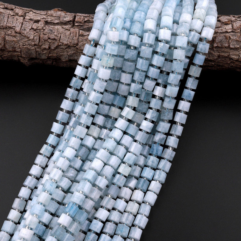 Natural Blue Aquamarine Faceted Rondelle Beads Short Cylinder Wheel Diamond Cut 15.5" Strand