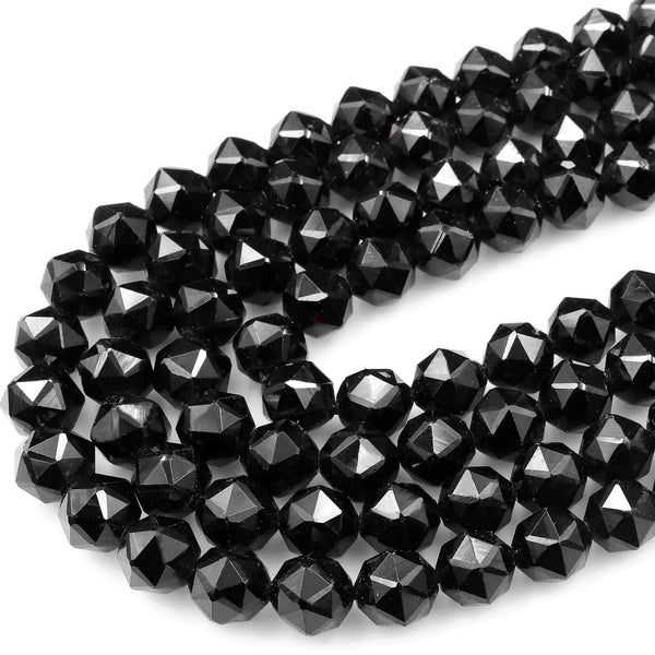 Natural Black Tourmaline Facetet 8mm Round Beads New Double Hearted Star Cut Gemstone 15.5" Strand