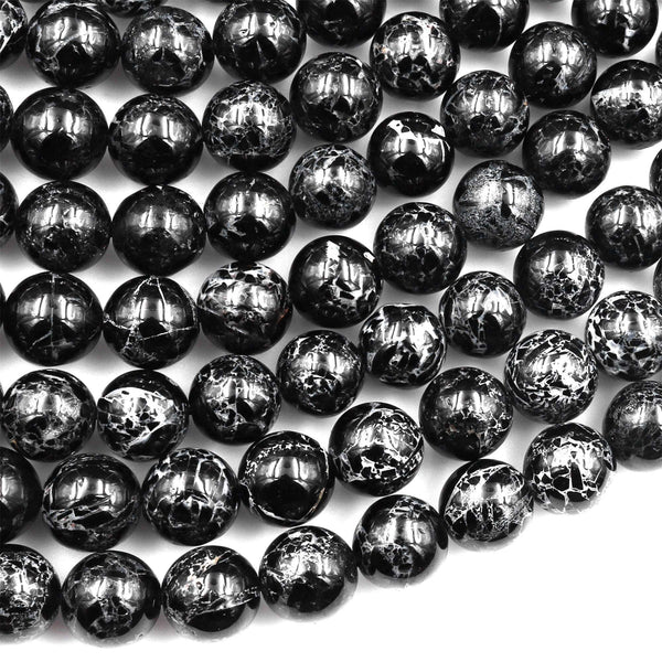 Rare Natural Dragon Vein Black Tourmaline Round Beads 6mm 8mm 10mm 15.5" Strand
