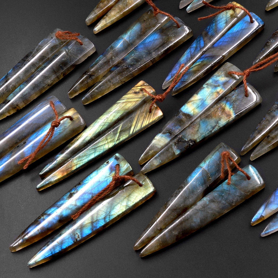 Flashy Natural Labradorite Earring Pair Long Triangle Dagger Drilled Matched Gemstone Beads