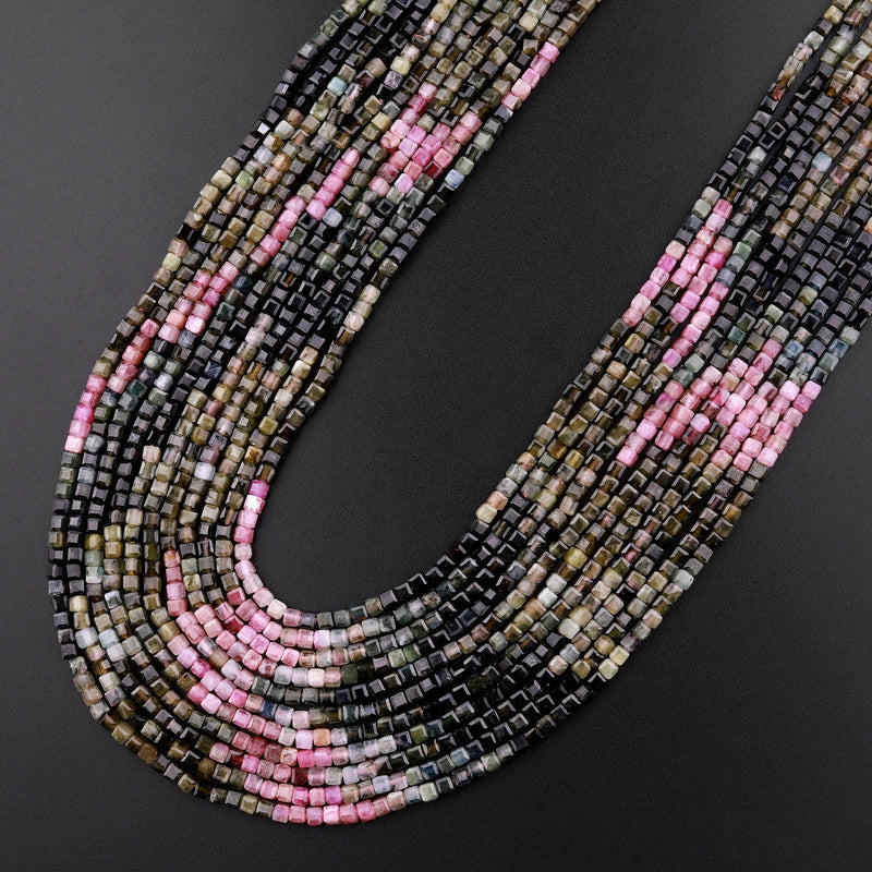 Natural Multicolor Pink Green Tourmaline Faceted 2mm 3mm Cube Square Dice Beads Gemstone 15.5" Strand