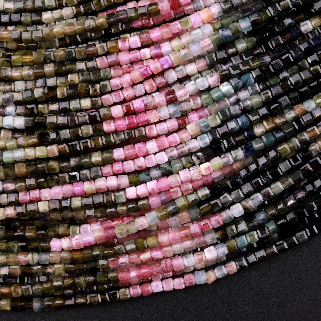 Natural Multicolor Pink Green Tourmaline Faceted 2mm 3mm Cube Square Dice Beads Gemstone 15.5" Strand