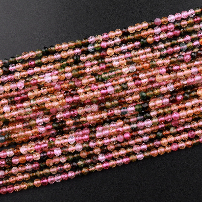 AAA Gem Grade Micro Faceted Natural Multicolor Tourmaline Round Beads 2mm Pink Green Translucent Gemstone 15.5" Strand