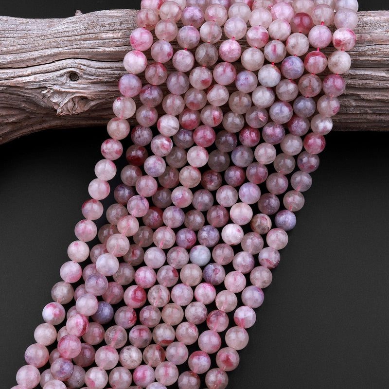 Natural Pink Tourmaline in Quartz Round Beads 6mm 8mm 9mm 10mm 12mm Shimmering Mica Matrix 15.5" Strand