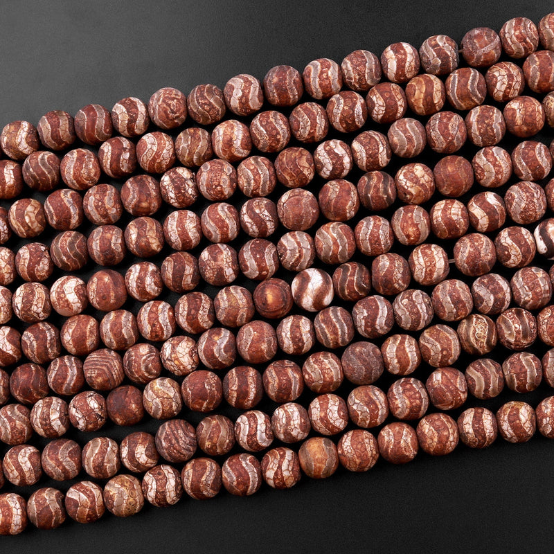 Tibetan Agate 6mm 8mm 10mm Round Beads Dzi Agate Wavy Brown Etched Line Matte Mala Antique Boho Beads 15.5" Strand