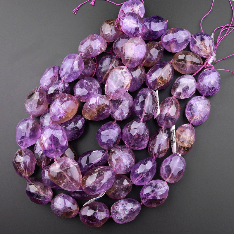 AAA Large Genuine Ametrine Faceted Nugget Beads Hand Cut Freeform Golden Purple Gemstone 15.5" Strand
