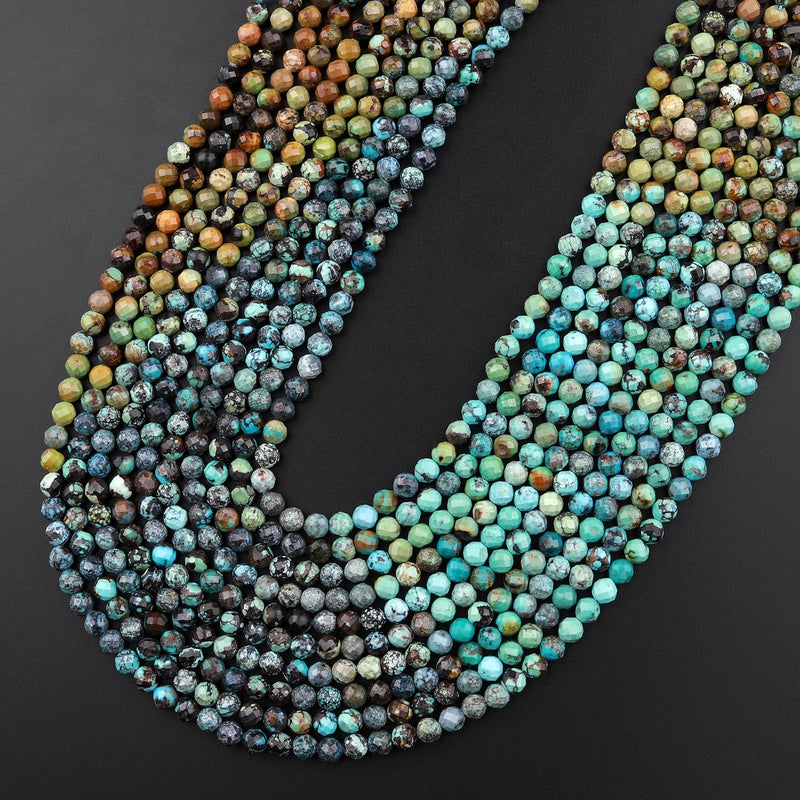 Genuine Natural Dragon Skin Turquoise 4mm Faceted Round Beads Multicolor Blue Green Brown Turquoise Micro Diamond Cut 15.5" Strand