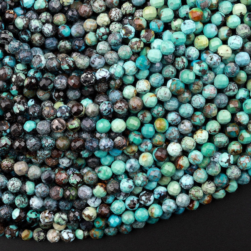 Genuine Natural Dragon Skin Turquoise 4mm Faceted Round Beads Multicolor Blue Green Brown Turquoise Micro Diamond Cut 15.5" Strand