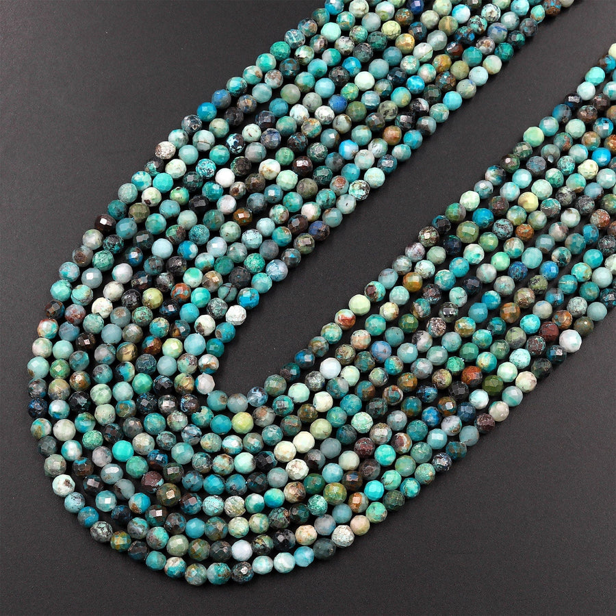 Natural Green Blue Chrysocolla 3mm Faceted Round Beads Micro Laser Diamond Cut Gemstone 15.5" Strand