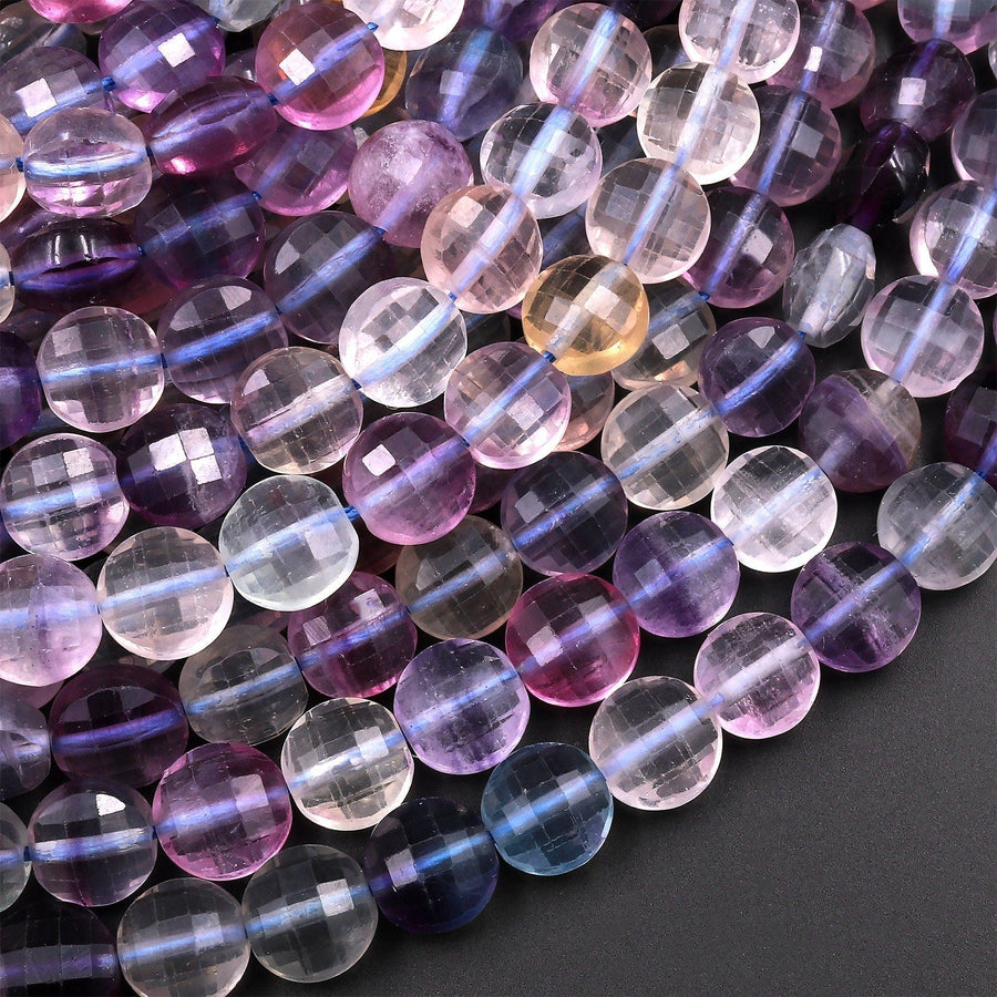 Faceted Natural Fluorite 8mm Coin Gemstone Beads 15.5" Strand