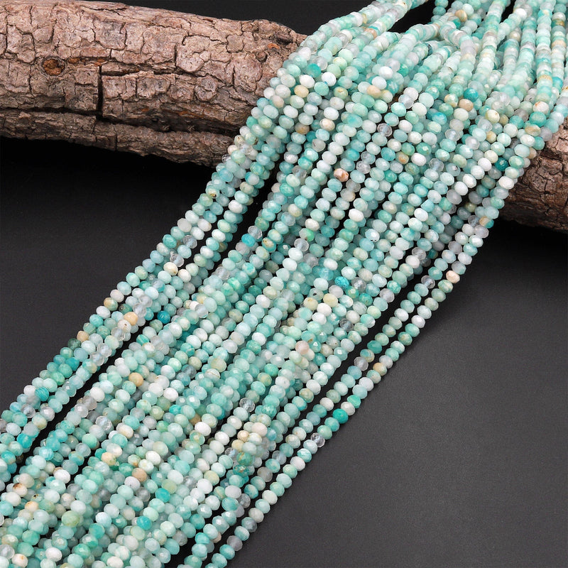 Peruvian Amazonite Faceted 3mm 4mm Rondelle Beads Micro Diamond Cut Natural Sea Blue Green Gemstone 15.5" Strand