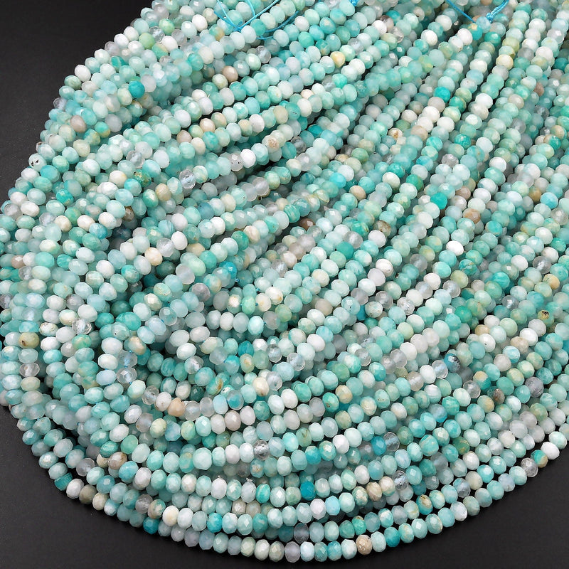 Peruvian Amazonite Faceted 3mm 4mm Rondelle Beads Micro Diamond Cut Natural Sea Blue Green Gemstone 15.5" Strand