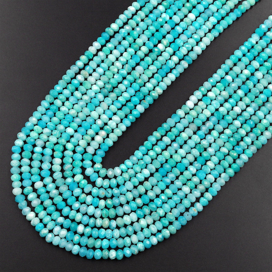 Peruvian Amazonite 3mm 4mm Faceted Rondelle Beads Micro Diamond Cut Natural Sea Blue Green Gemstone 15.5" Strand