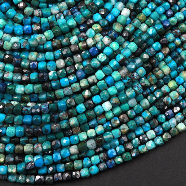 Natural Chrysocolla Faceted 2mm 3mm Cube Dice Square Beads Micro Laser Diamond Cut 15.5" Strand