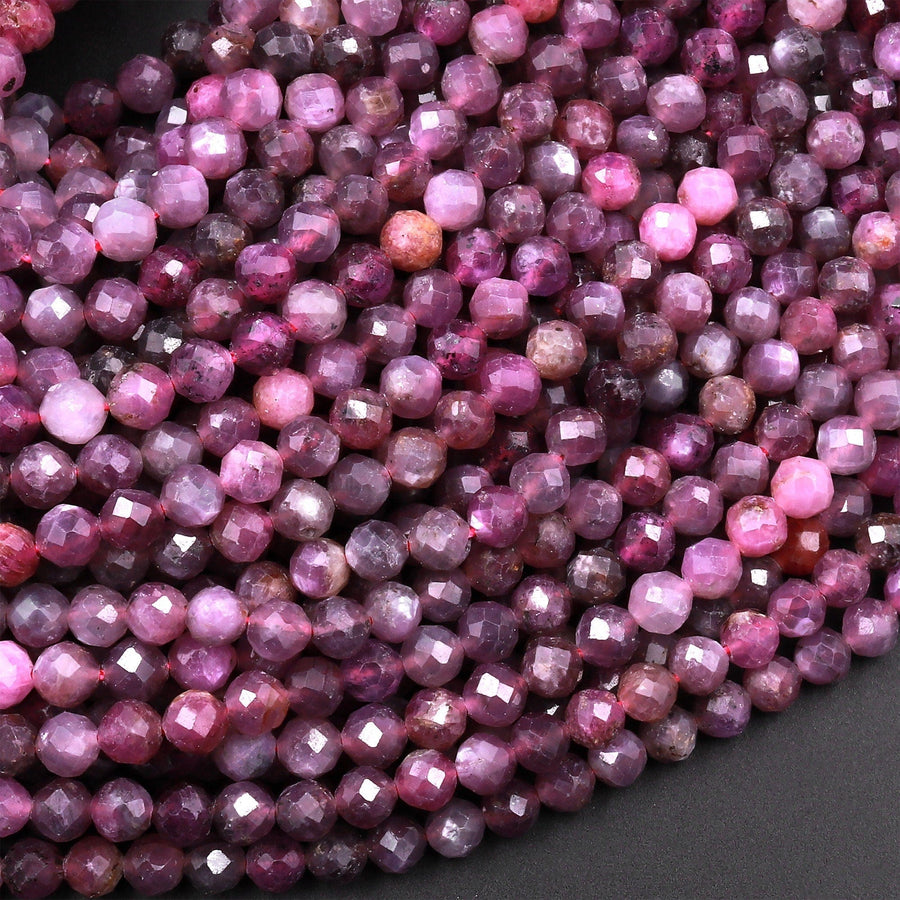 Genuine Natural Star Ruby Faceted 4mm Round Beads Real Gemstone Micro Diamond Cut 15.5" Strand