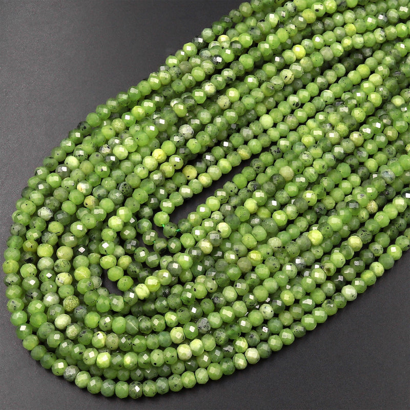 Faceted Canadian Jade 4mm Rondelle Beads Micro Cut Natural Green Jade Gemstone 15.5" Strand