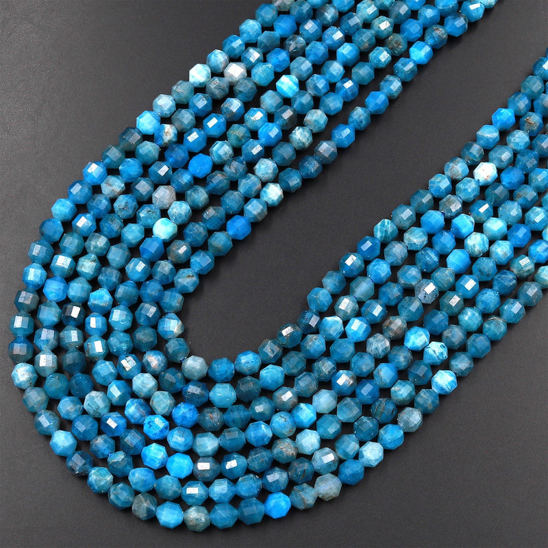 A Grade Natural Apatite 4mm 5mm Rounded Beads Faceted Energy Prism Double Terminated Points 15.5" Strand